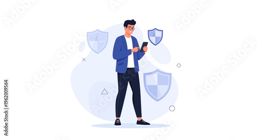Man with smartphone and security shields, digital protection concept