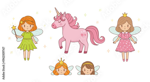 Kawaii fairy and unicorn vector set cute magical characters with star wand for kids nursery decor and greeting cards