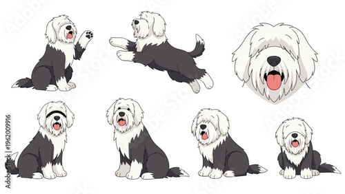 Compilation of old english sheepdog illustrations displaying the breed in various poses from sitting to a large head close up.