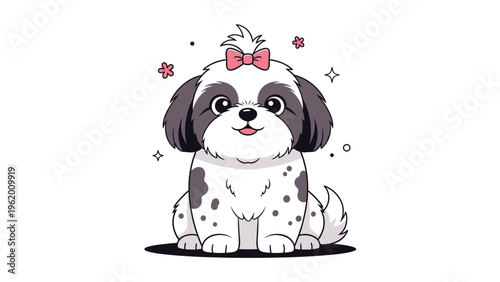 Cute shih tzu puppy sitting with a pink bow on its head surrounded by small flowers and stars in a kawaii art style.