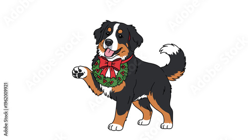 Bernese mountain dog puppy wearing a festive christmas wreath with a red bow and raising its paw in a holiday greeting.