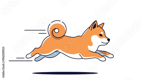 Fast shiba inu dog running at high speed with stylized movement lines and a curled tail against a white backdrop.