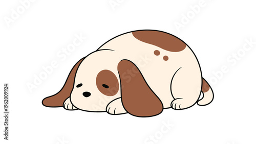 Adorable cartoon puppy dog with brown spots and long ears lies down on the floor looking sleepy and calm on a plain white background.