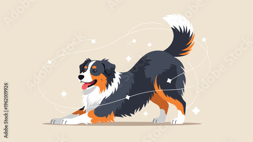 Energetic australian shepherd dog in a playful play bow pose with colorful fur patterns and sparkling decorative lines on a beige background.