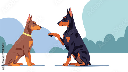 Two doberman pinscher dogs sitting together in a park with one black and tan dog lifting its front paw to shake in a friendly gesture.
