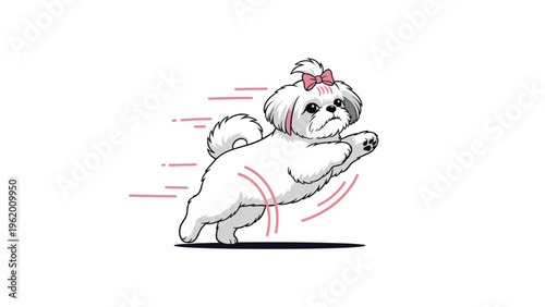 Tiny white shih tzu dog wearing a cute pink bow running and jumping fast with speed lines showing movement on a white background.