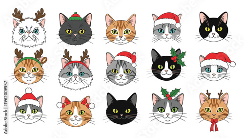 Festive grid of fifteen various cat heads wearing christmas themed accessories like santa hats reindeer antlers and holly leaf headbands.