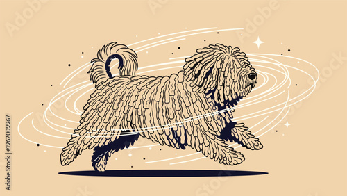 Unique puli or komondor dog with long corded hair running through the air with motion swirls and decorative stars on a warm background.