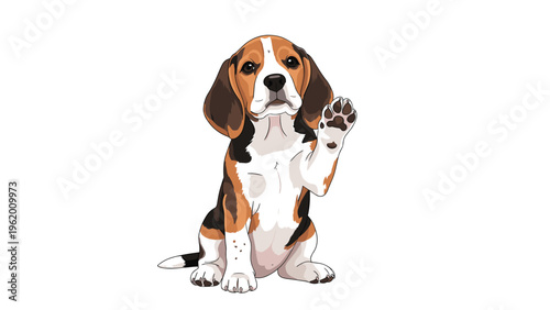Cute beagle puppy sitting down and raising one front paw to wave or shake hands with a curious and friendly expression on its face.