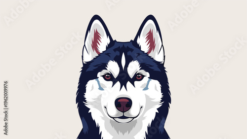 Detailed close-up portrait of a siberian husky dog face with piercing brown eyes and distinctive black and white fur markings on its head.