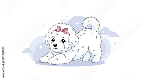 Adorable white bichon frise puppy with a pink bow stretching in a playful pose against a soft purple cloud background with stars.