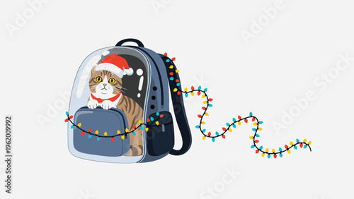 Tabby cat wearing a festive santa hat sitting inside a modern space capsule pet backpack decorated with a string of colorful lights.