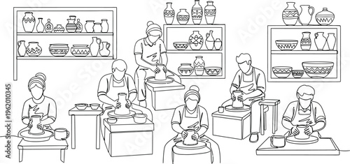people working in a pottery workshop