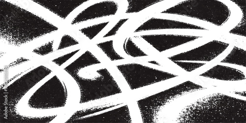 Abstract swirls of luminous white graffiti dance across a stark black canvas, creating a dynamic visual narrative of urban artistry. The energetic brushstrokes convey a sense of movement, freedom.