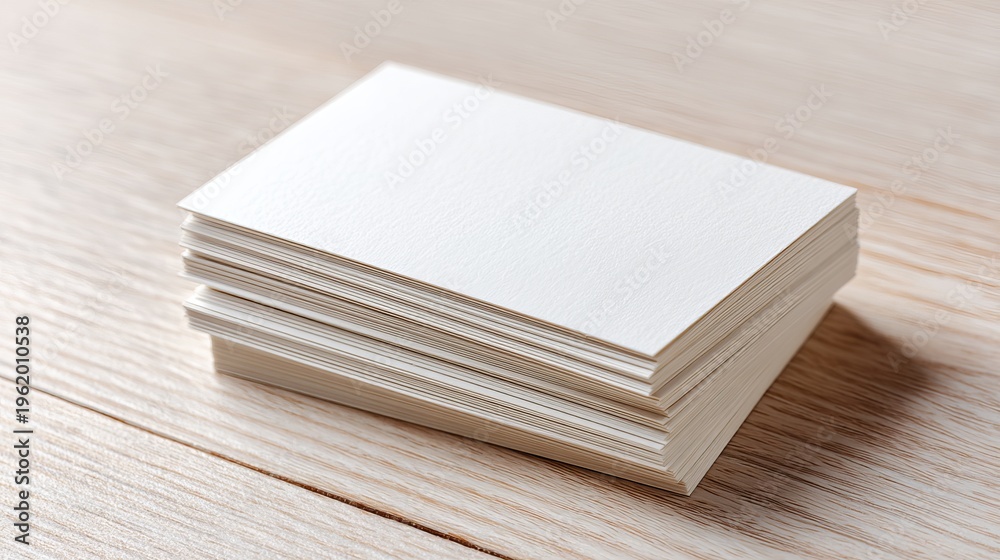Fototapeta premium Blank white business cards stacked neatly on a light wooden desk, ready for professional branding and networking opportunities.