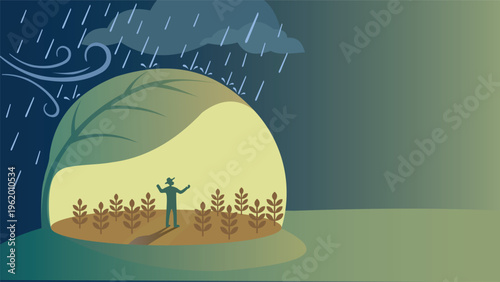 Conceptual Illustration of Agricultural Protection and Crop Insurance Featuring a Farmer and Plants Sheltered by a Large Leaf Shield During a Storm