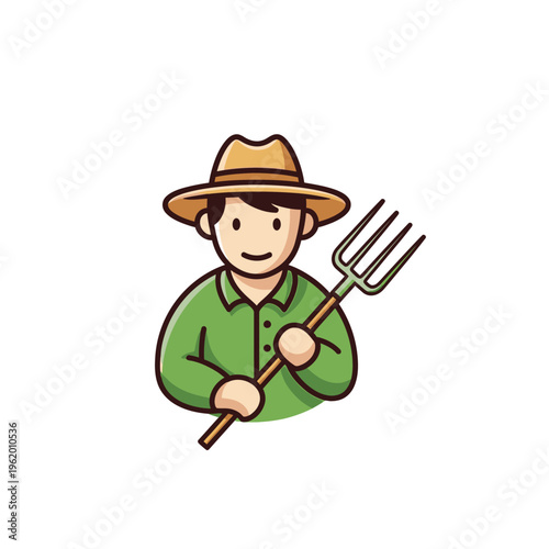 Cartoon farmer character with a pitchfork in a friendly pose.