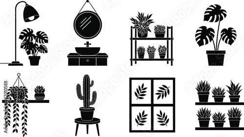Collection of black minimalist interior icons featuring monstera plants, cactus, bathroom vanity, shelving units, wall mirrors, and decorative home furniture silhouettes.