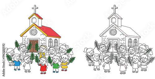 Happy Children with Palm Branches Outside a Church - Palm Sunday Celebration