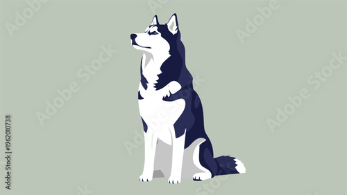 Detailed illustration of a Siberian Husky dog sitting and looking sideways against a soft greyish-blue background.