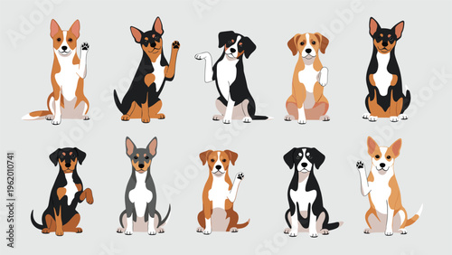 Grid of ten different dog breeds sitting and raising a paw in a friendly waving gesture on a light grey background.