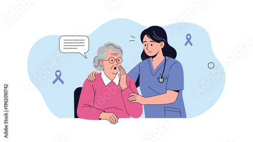 Compassionate healthcare worker in blue scrubs comforting an elderly woman, symbolizing senior care and support.