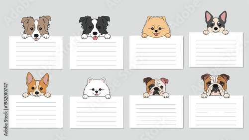 Eight different dog breed faces peeking over white rectangular note cards with lines for labels or stationery.