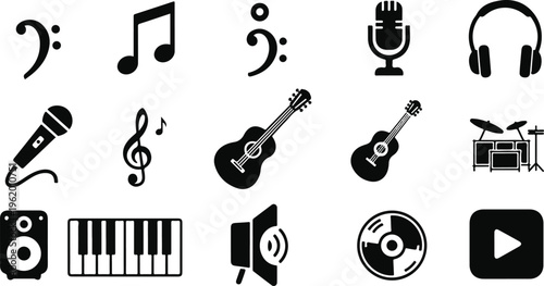 Flat lay music production and audio equipment icons set on white background for creative media design