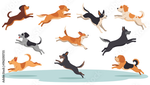 Collection of ten diverse dog breeds shown in dynamic running and leaping motions for pet related design themes.
