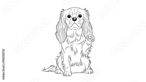 Detailed black and white engraving style drawing of a cavalier king charles spaniel dog sitting and raising its right paw.