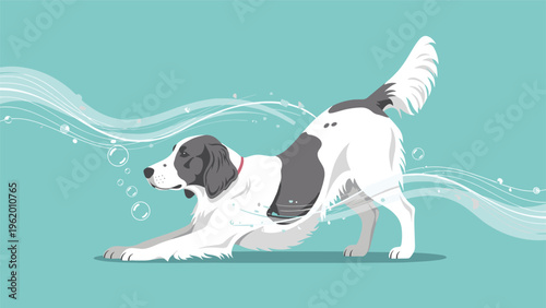 Illustration of a white and grey dog in a playful bow pose with stylized wind and bubble elements on teal.