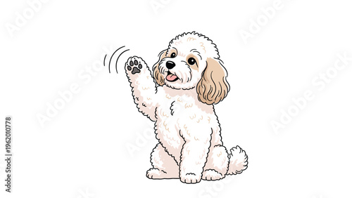 Small white maltipoo dog sitting and waving its paw with cheerful energy, cute pet character illustration on a white background.