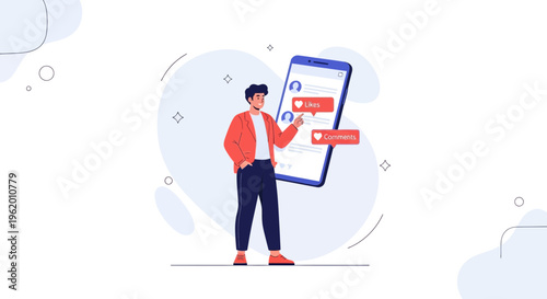 Man Interacting with Social Media App on Smartphone, Likes and Comments
