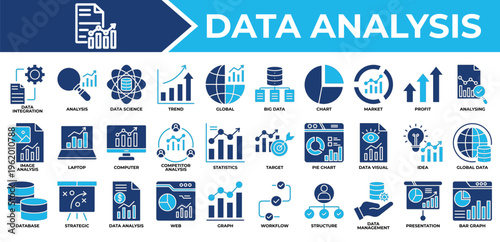 Data Analysis icon set collection. Containing statistics, visual, operation, review, database, profit, performance .Solid vector icons collection