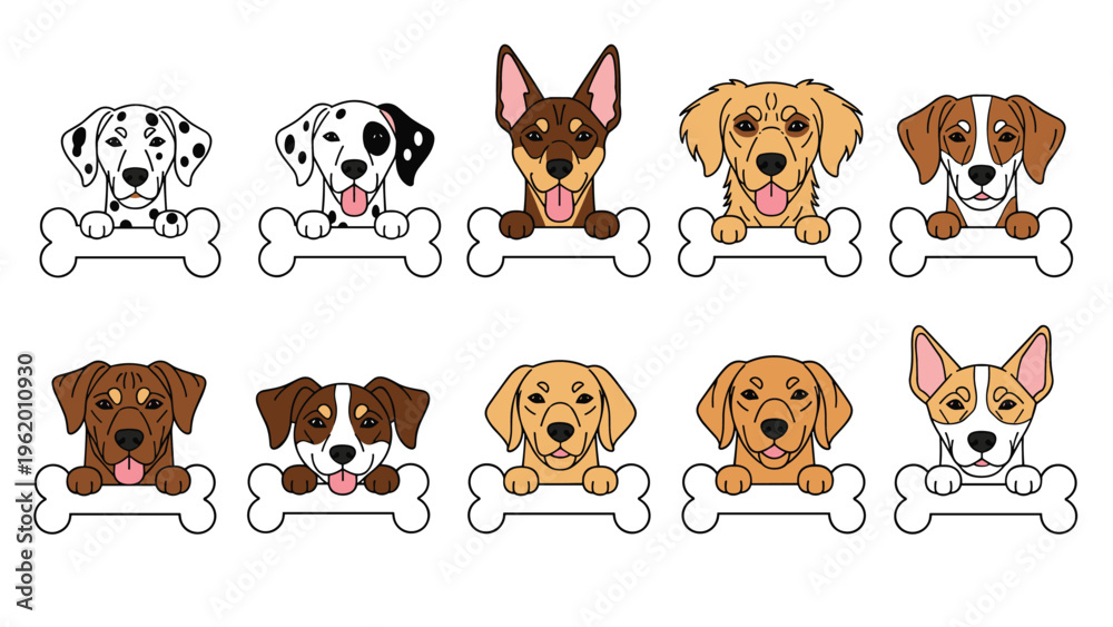 Obraz premium Collection of cute dog breed face illustrations with each puppy peeking over a white bone-shaped border on a white background.