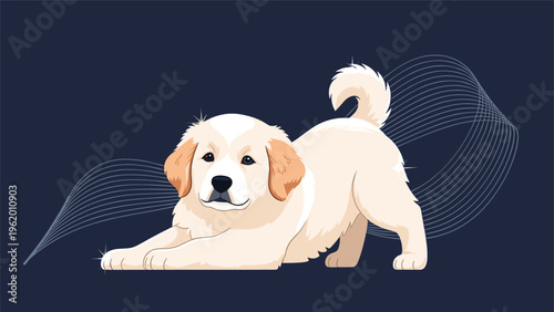 Playful Golden Retriever puppy illustration in a stretching pose with decorative white lines on a dark blue background.