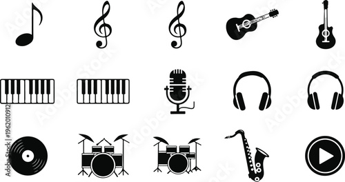 Collection of flat design music and audio equipment icons on white background for media and entertainment