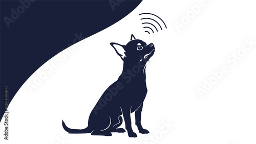 Minimalist silhouette of a Chihuahua dog looking upwards at a wireless signal icon against a white and dark background.