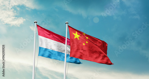 Tablou pe pânză Luxembourg  and China friendship flags are waving in the sky