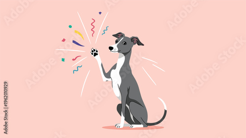 Joyful Italian Greyhound dog illustration sitting and waving its paw amidst colorful celebration confetti and streamers.