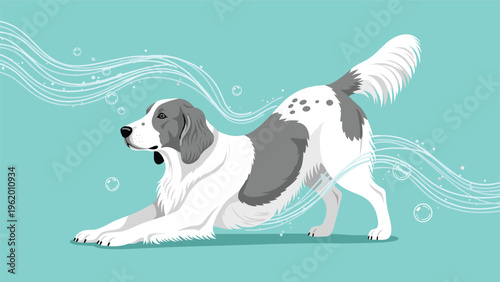 Elegant illustration of a white and grey dog stretching in a playful pose with decorative bubbles and water wave lines.