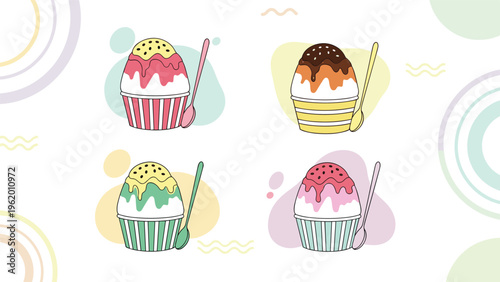 Set of four vibrant shaved ice dessert illustrations in different flavors and colors with matching spoons on a white background.