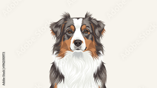 Realistic portrait illustration of an Australian Shepherd dog face with multi-colored fur and expressive brown eyes.