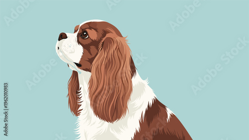 Beautiful portrait illustration of a Cavalier King Charles Spaniel dog head with long wavy ears on a blue background.