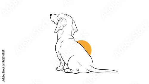 Simple line art illustration of a Dachshund dog sitting and looking up with a yellow sun circle in the background.