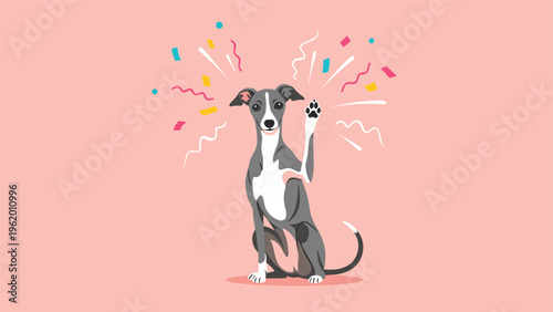 Cheerful Italian Greyhound dog illustration sitting and waving its paw under a shower of colorful celebration confetti.