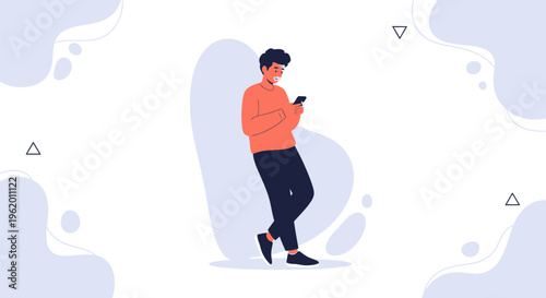 Young Man Using Smartphone, Leaning on Wall, Modern Flat Illustration