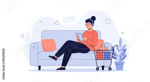 Woman with headphones on couch using tablet, shopping cart nearby, modern illustration
