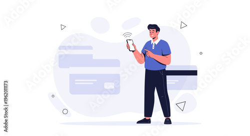 Man using smartphone for online payment with credit cards in background