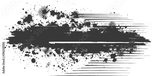 Abstract dark, textured artistic ink blot with dynamic splatters and streaks, creating a visually compelling design element.